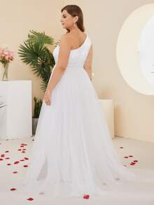 Plus One Shoulder Contrast Sequin High Low Mesh Wedding Dress - White - View 2