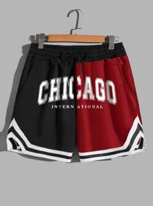 Aesthetic Post Nam Colorblock Letter Đồ họa Dây rút Quần short thắt lưng Bóng rổ Quà tặng bạn trai Chicago - Nhiều màu - Xem 1
