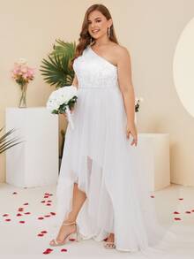 Plus One Shoulder Contrast Sequin High Low Mesh Wedding Dress - White - View 4