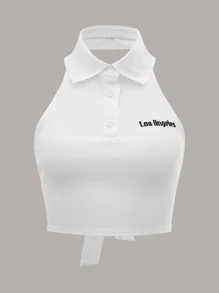 SHEIN EZwear Top halter corto moda de dopamina con bordado de letra de espalda abierta con cordón con botón - Blanco - Ver 1