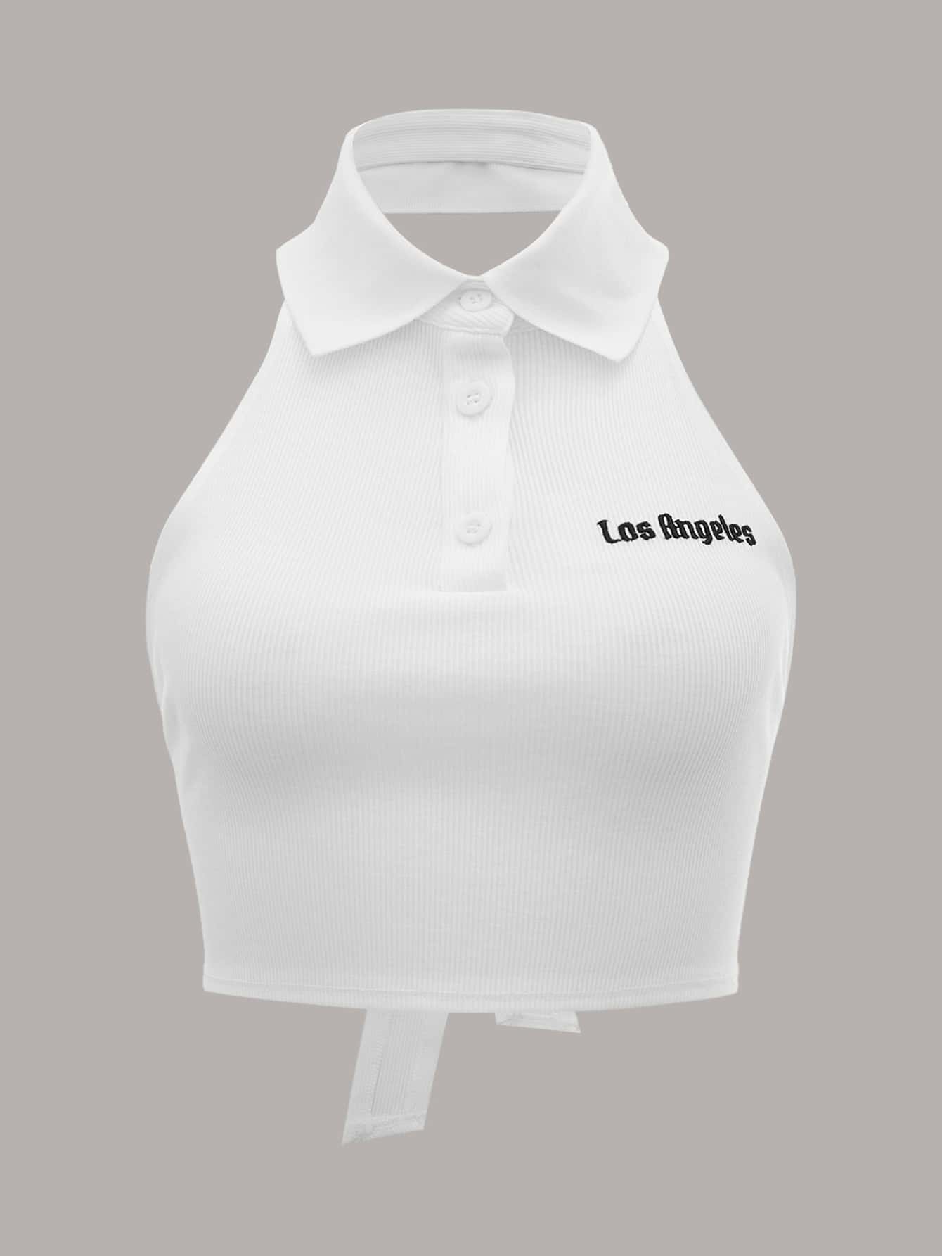 SHEIN EZwear Top halter corto moda de dopamina con bordado de letra de espalda abierta con cordón con botón - Blanco - Ver 1