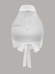 SHEIN EZwear Top halter corto moda de dopamina con bordado de letra de espalda abierta con cordón con botón - Blanco - Ver 2