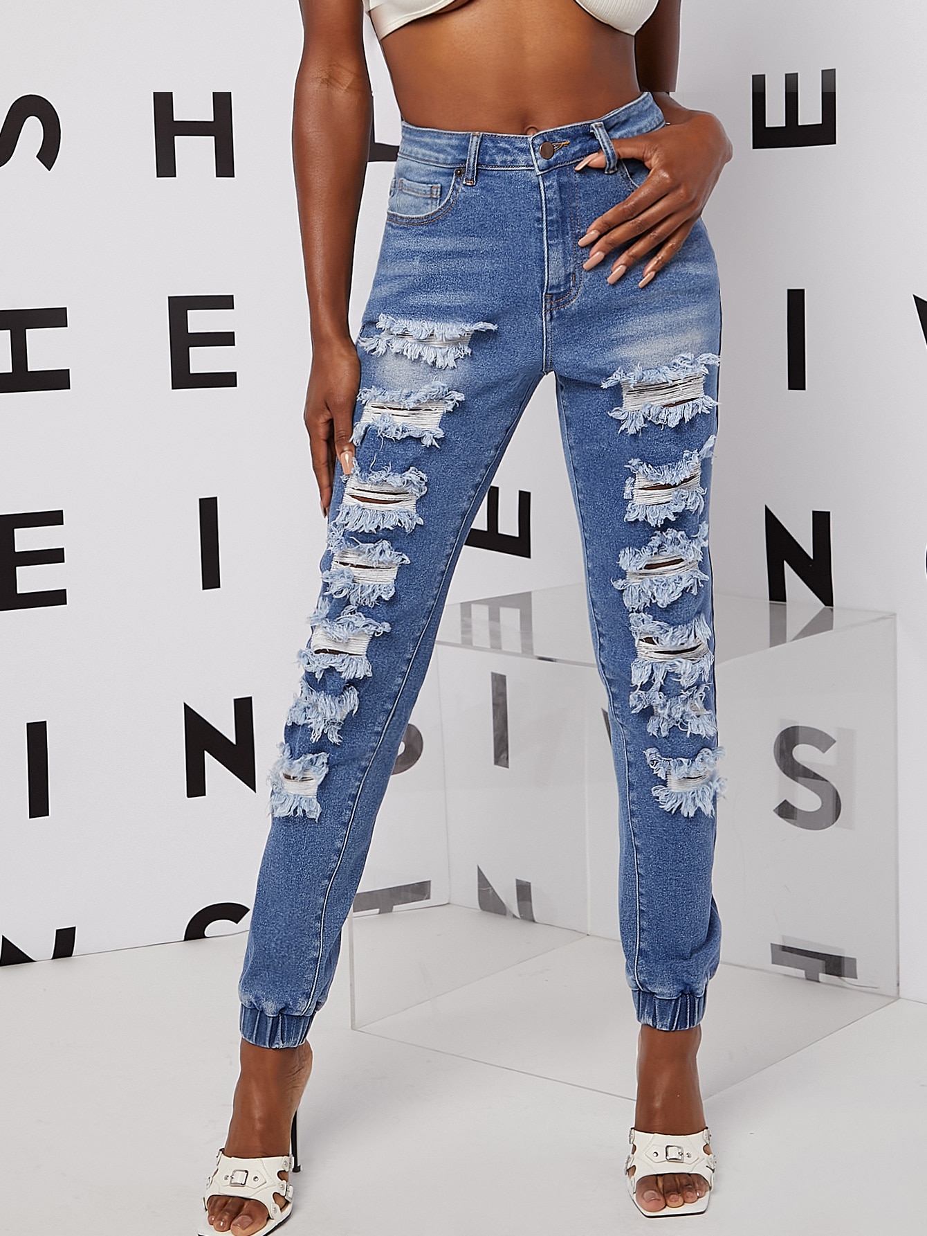 Pantalon Blanc Jegging Jennyfer Taille 36 (W26) - Style Déchiré - Occasion Très Bon état