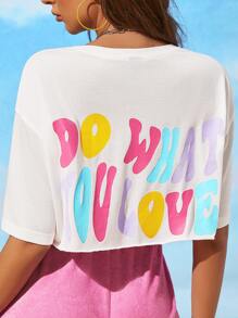 多巴胺穿衣法落肩袖標語圖案短款T恤