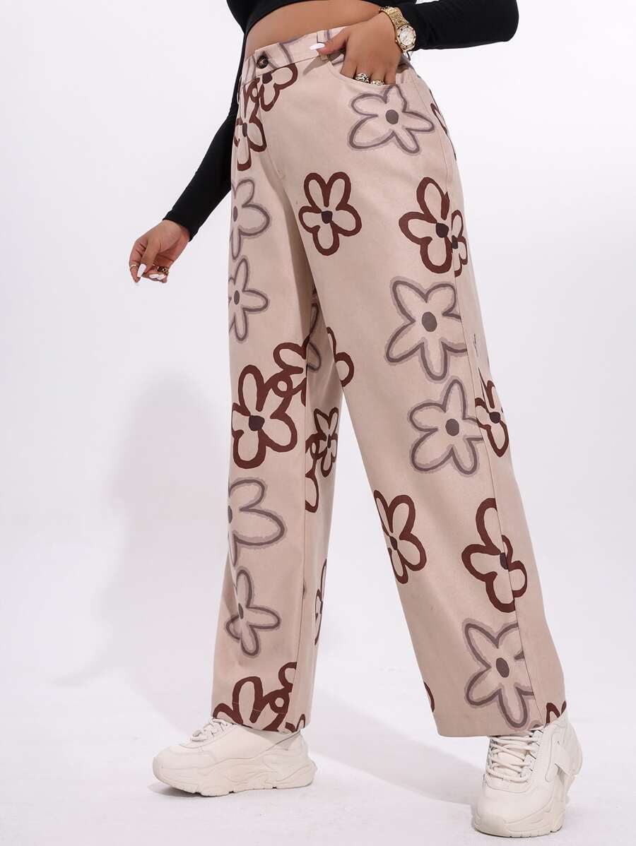 SHEIN Qutie Plus Floral Print Straight Leg Trousers - Apricot - View 1