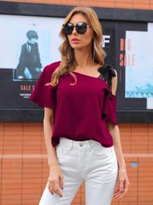 SHEIN LUNE Áo sơ mi Thắt nút Giải trí - Màu Hoa hồng đỏ - Xem 3