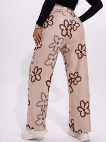 SHEIN Qutie Plus Floral Print Straight Leg Trousers - Apricot - View 2