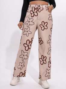 SHEIN Qutie Plus Floral Print Straight Leg Trousers - Apricot - View 3