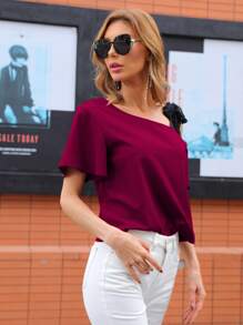 SHEIN LUNE Áo sơ mi Thắt nút Giải trí - Màu Hoa hồng đỏ - Xem 4