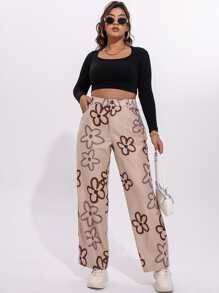 SHEIN Qutie Plus Floral Print Straight Leg Trousers - Apricot - View 5