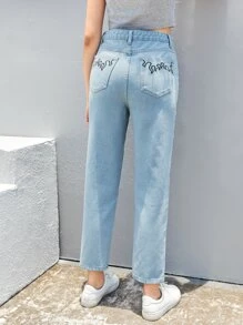 SHEIN Teen Girls Fire Embroidered Straight Leg Jeans - Light Wash - View 1