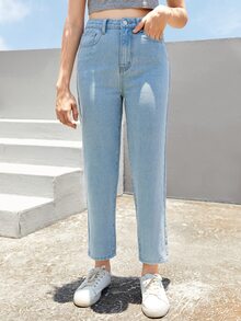 SHEIN Teen Girls Fire Embroidered Straight Leg Jeans - Light Wash - View 2