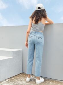 SHEIN Teen Girls Fire Embroidered Straight Leg Jeans - Light Wash - View 3