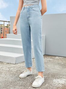 SHEIN Teen Girls Fire Embroidered Straight Leg Jeans - Light Wash - View 4