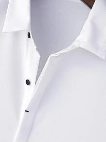 Manfinity Homme 男裝鈕扣圓弧下擺修身短袖領子純色休閒襯衫 - 白色 - 查看 4