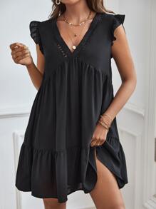 SHEIN Frenchy V領荷葉袖娃娃裙 - 黑色 - 查看 2