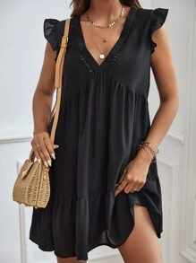 SHEIN Frenchy V領荷葉袖娃娃裙 - 黑色 - 查看 4