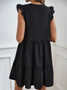 SHEIN Frenchy V領荷葉袖娃娃裙 - 黑色 - 查看 5