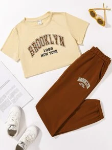 Niñas Pantalones deportivos con camiseta con estampado de letra - Multicolor - Ver 1