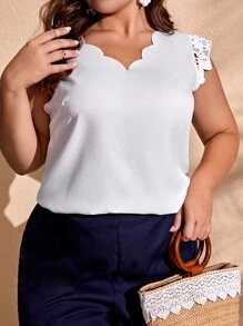 SHEIN Clasi 大碼貝殼邊鏤空袖襯衫 - 白色 - 查看 3