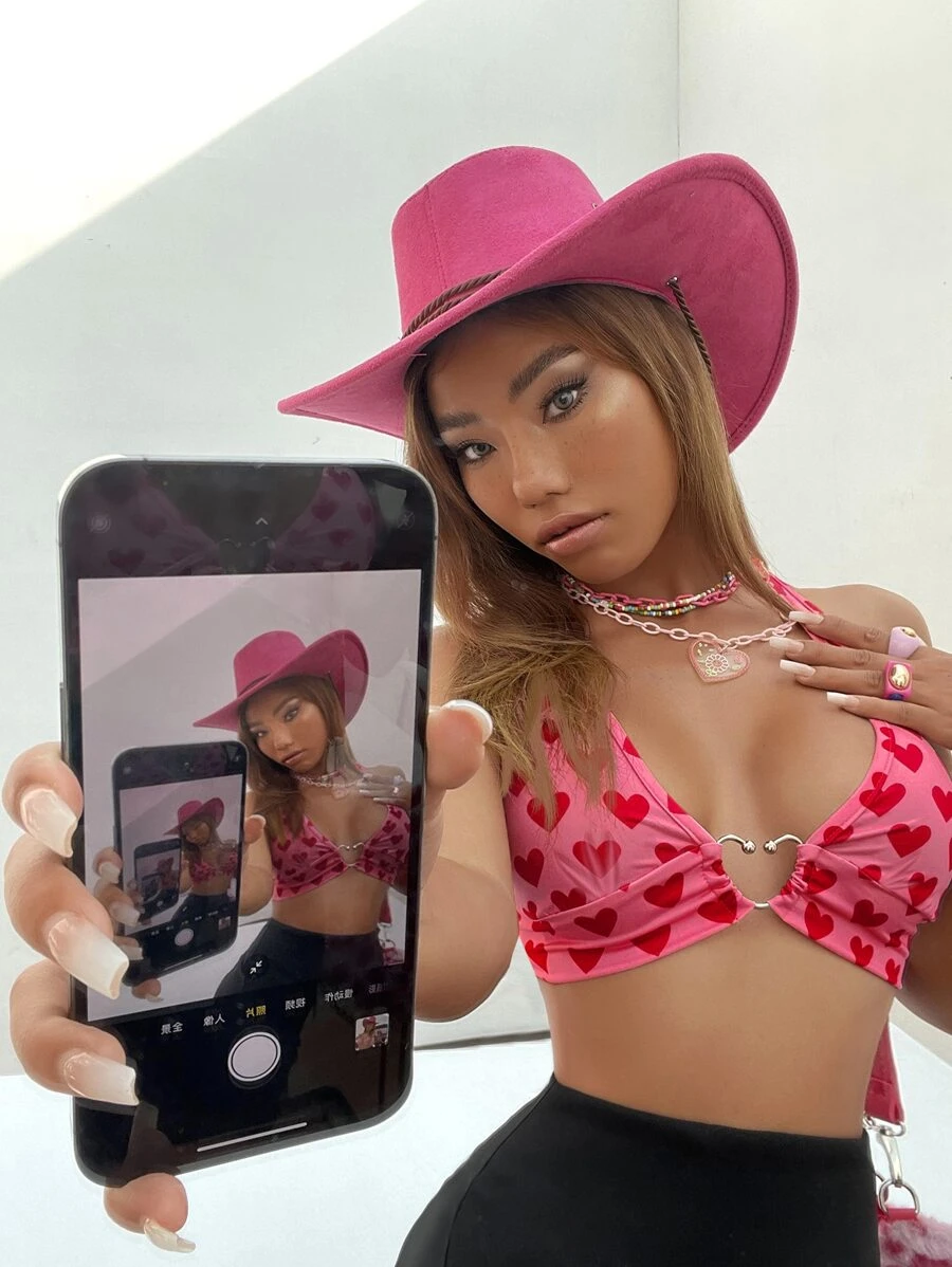 SHEIN ICON 愛心圖案圓環細節露背打結繞頸短上衣 - 西瓜粉 - 查看 1