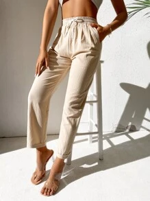 SHEIN PETITE Drawstring Waist Straight Leg Pants - Apricot - View 1