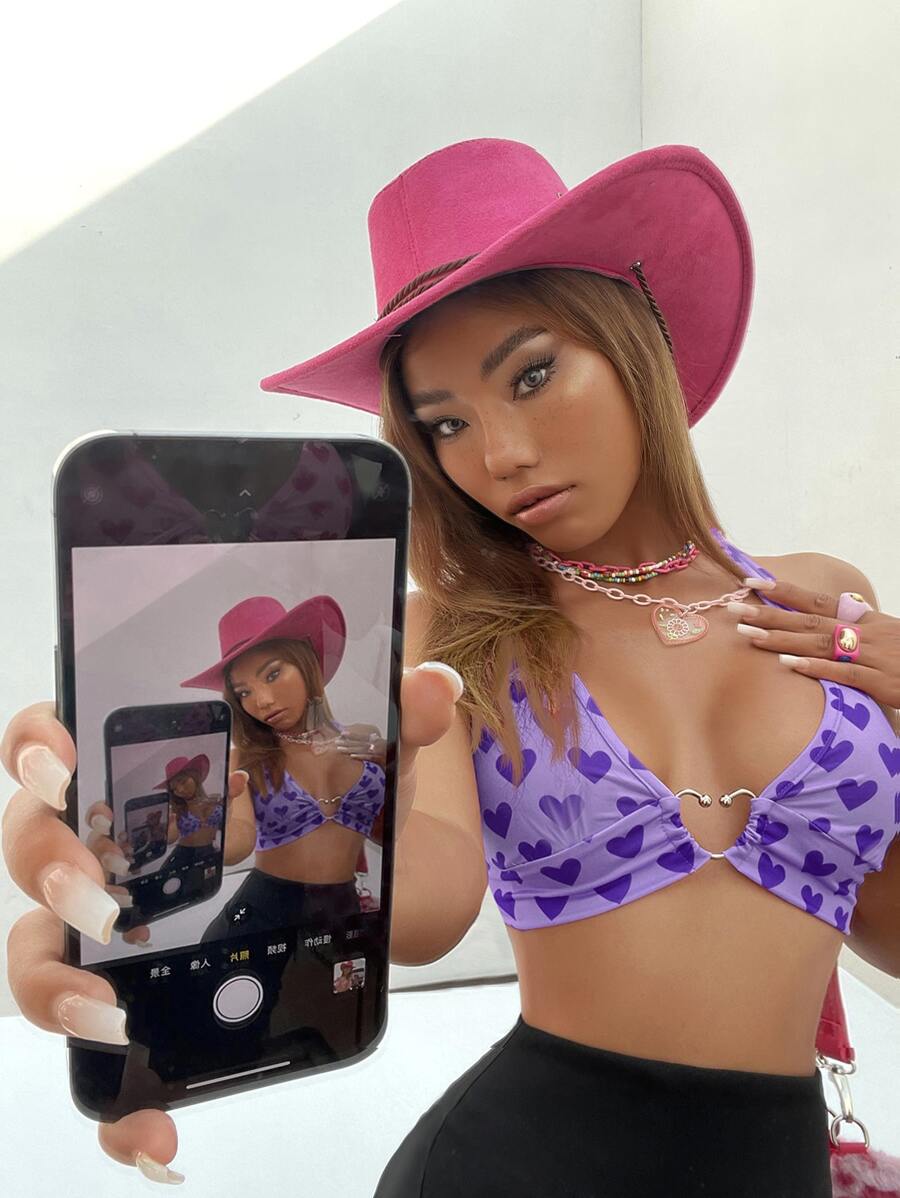 SHEIN ICON Heart Print Ring Detail Backless Knot Crop Halter Top - Violet Purple - View 1