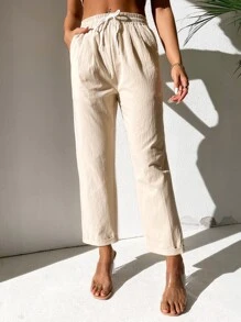 SHEIN PETITE Drawstring Waist Straight Leg Pants - Apricot - View 3