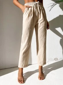 SHEIN PETITE Drawstring Waist Straight Leg Pants - Apricot - View 4