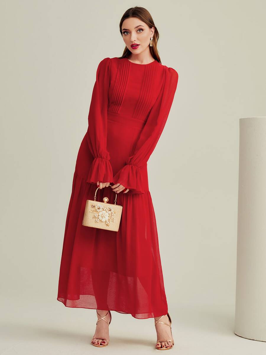 Modelyn Burgundy Red Ruffle Trim Flounce Sleeve Dress - Burgundy - View 1