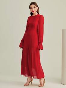 Modelyn Burgundy Red Ruffle Trim Flounce Sleeve Dress - Burgundy - View 3