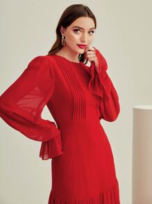 Modelyn Burgundy Red Ruffle Trim Flounce Sleeve Dress - Burgundy - View 5