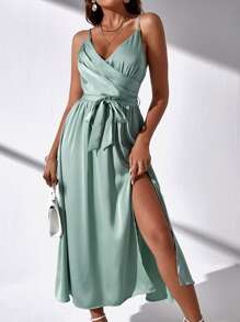 SHEIN Frenchy 高衩腰帶緞面吊帶洋裝