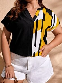 SHEIN Clasi Blusa con estampado geométrico de cuello de muesca - Multicolor - Ver 1