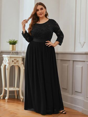 فستان حفلة شيفون بصدر بدانتيل مقاس كبير ومنخفض خلفي