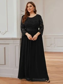 Plus Low Back Lace Bodice Chiffon Prom Dress - Black - View 4