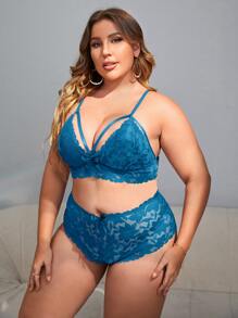 Set de lencería con encaje floral con abertura - Agua verde azul - Ver 1