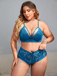 Set de lencería con encaje floral con abertura - Agua verde azul - Ver 3