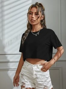 SHEIN Unity Slogan Graphic Drop Vai Crop Tee ĐIỀU TỐT ĐANG TỚI - màu đen - Xem 3