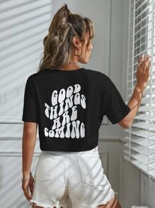 SHEIN Unity Slogan Graphic Drop Vai Crop Tee ĐIỀU TỐT ĐANG TỚI - màu đen - Xem 4