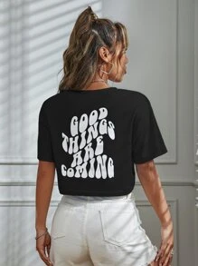 SHEIN Unity Slogan Graphic Drop Vai Crop Tee ĐIỀU TỐT ĐANG TỚI - màu đen - Xem 5