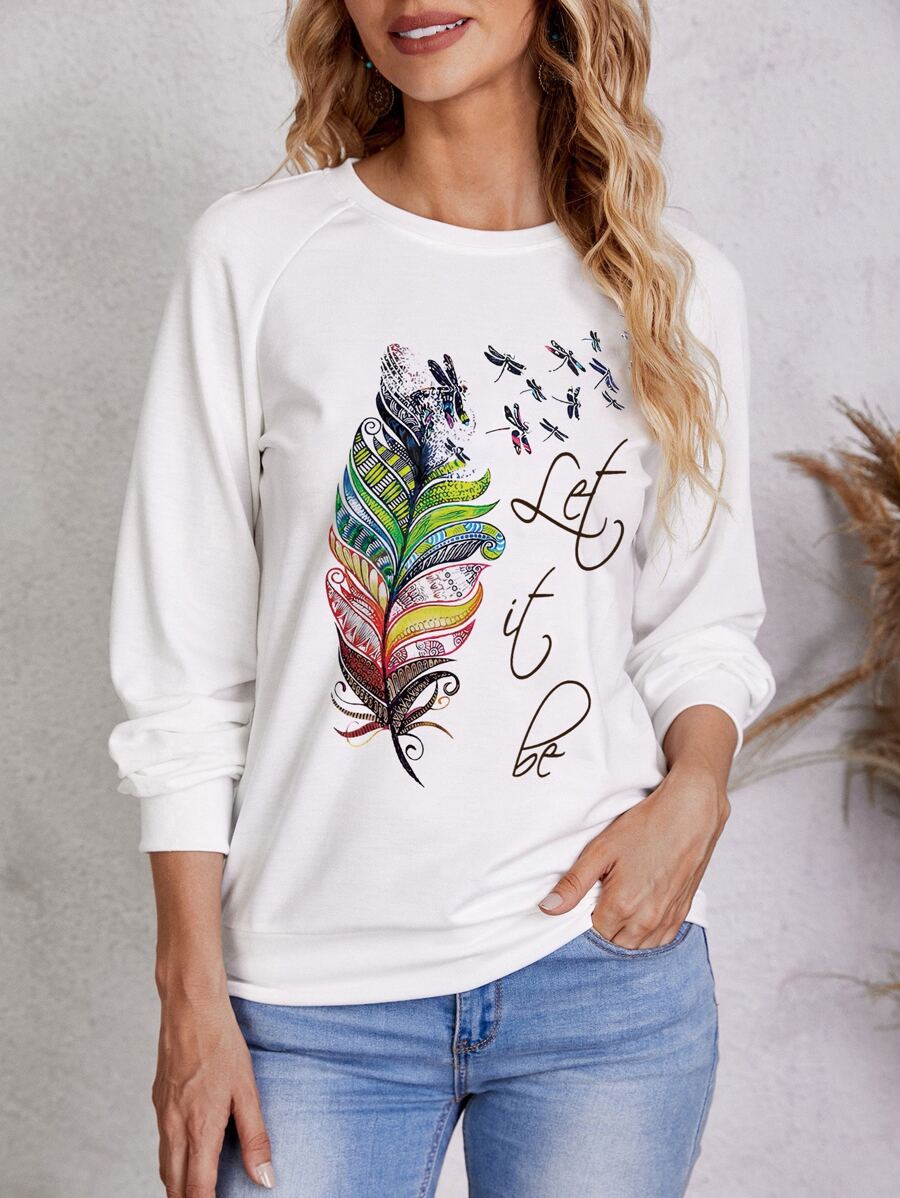 SHEIN LUNE Feather Print Raglan Sleeve Sweatshirt - White - View 1