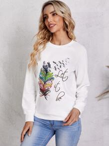 SHEIN LUNE Feather Print Raglan Sleeve Sweatshirt - White - View 3