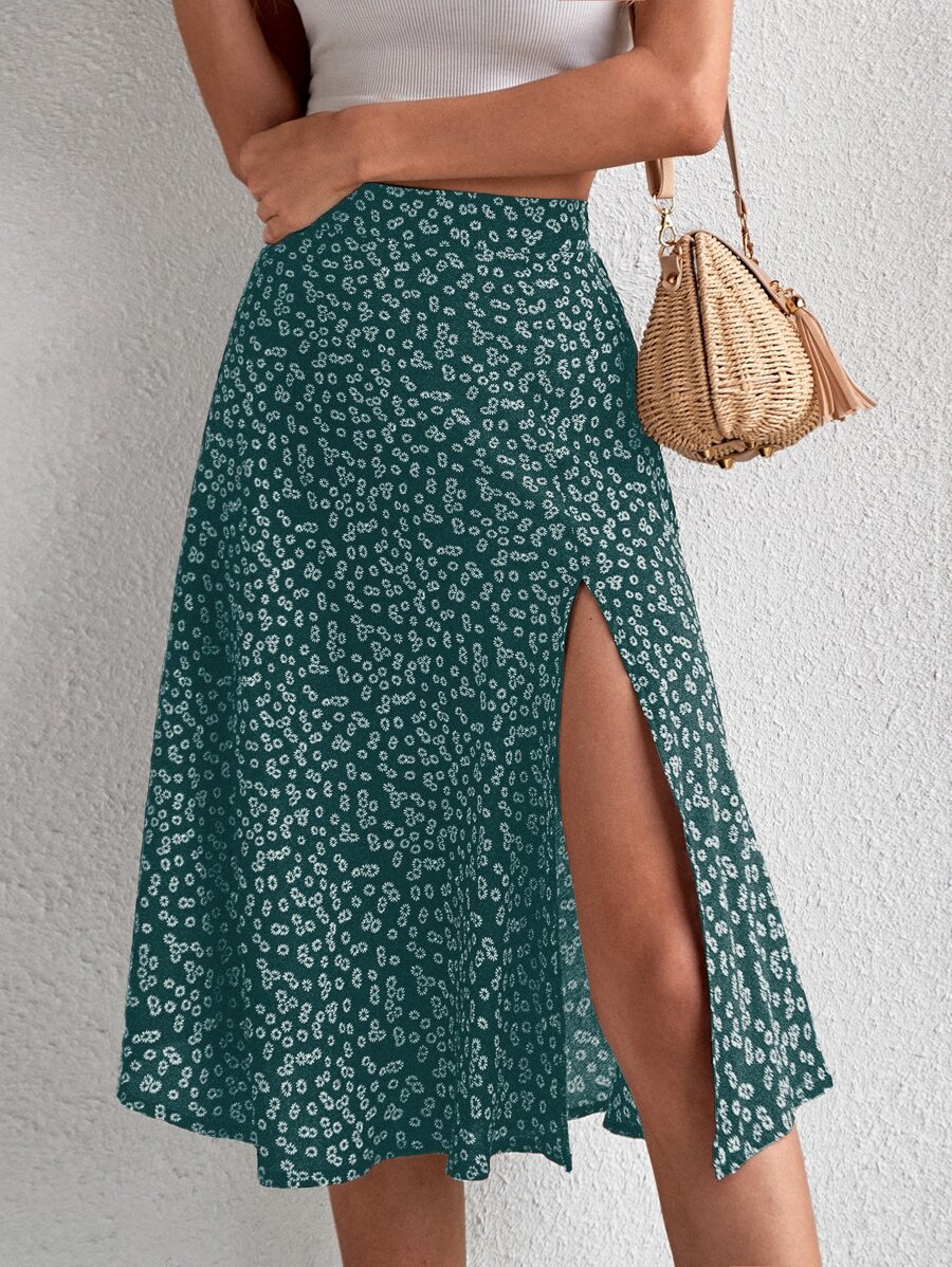 Breezaya Váy nữ Dây kéo Tách cao Họa tiết hoa Boho - Màu xanh lá cây đậm - Xem 1