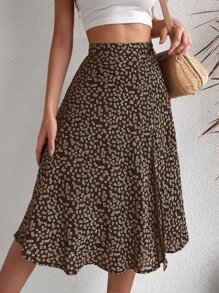 Breezaya Ditsy Floral Print Split Thigh Skirt Vacation Beach Outfits Women - Coffee Brown - View 4