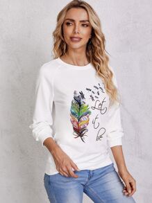 SHEIN LUNE Feather Print Raglan Sleeve Sweatshirt - White - View 4