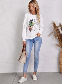 SHEIN LUNE Feather Print Raglan Sleeve Sweatshirt - White - View 5