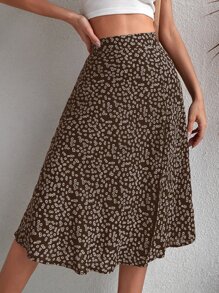 Breezaya Ditsy Floral Print Split Thigh Skirt Vacation Beach Outfits Women - Coffee Brown - View 5