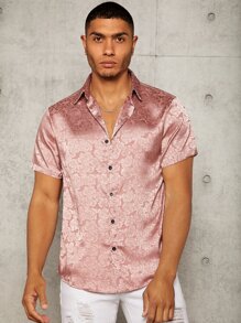 Manfinity AFTRDRK Men Random Floral Jacquard Satin Shirt - Dusty Pink - View 3