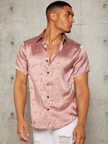 Manfinity AFTRDRK Men Random Floral Jacquard Satin Shirt - Dusty Pink - View 4